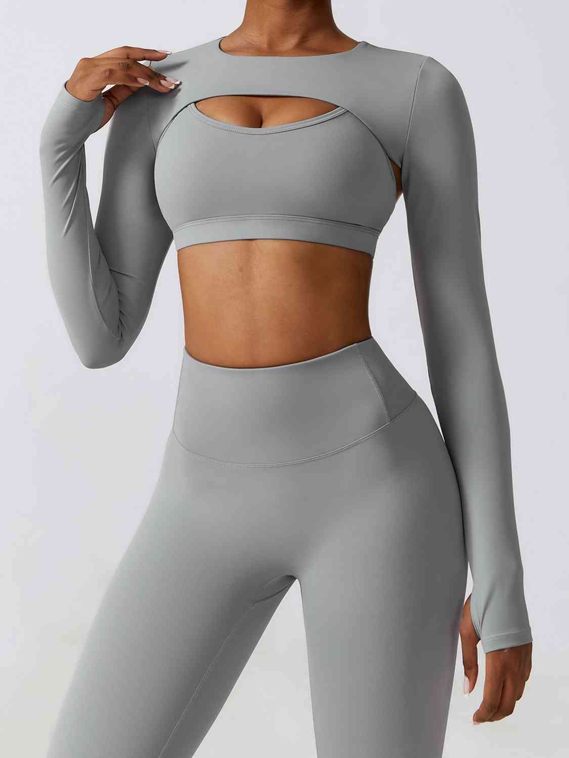 Gray Cropped Cutout Long Sleeve Sports Top Sentient Beauty Fashions Apparel &amp; Accessories