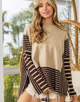 Tan BiBi Striped Contrast Long Sleeve Slit Top