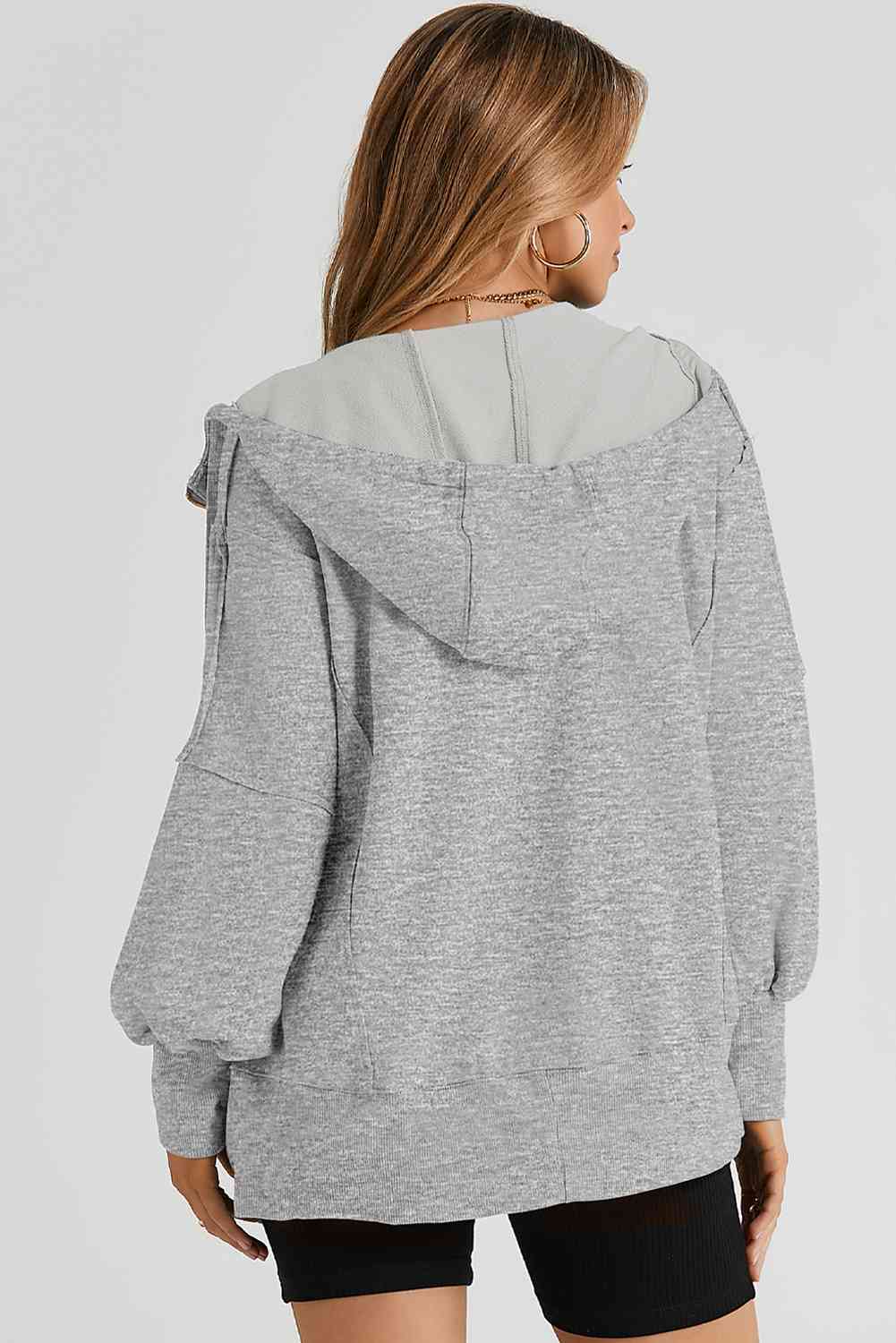 Light Gray Zip Up Long Sleeve Drawstring Hoodie