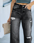 Dark Slate Gray Distressed Straight Leg Jeans Sentient Beauty Fashions Apparel & Accessories