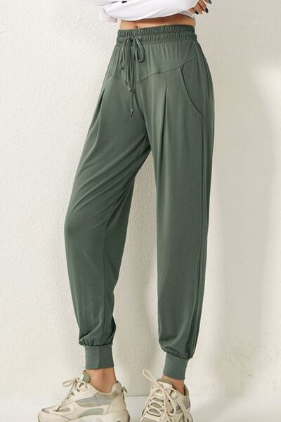 Light Gray Drawstring High Waist Active Pants Sentient Beauty Fashions Apparel & Accessories