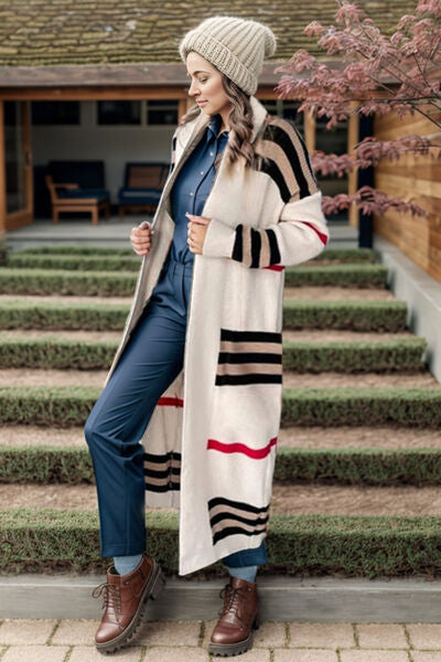 Dim Gray Striped Open Front Long Sleeve Longline Sweater Cardigan Sentient Beauty Fashions Apparel & Accessories