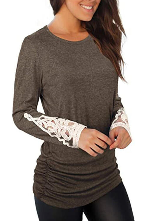 Dark Slate Gray Lace Detail Long Sleeve Round Neck T-Shirt Sentient Beauty Fashions Apparel &amp; Accessories