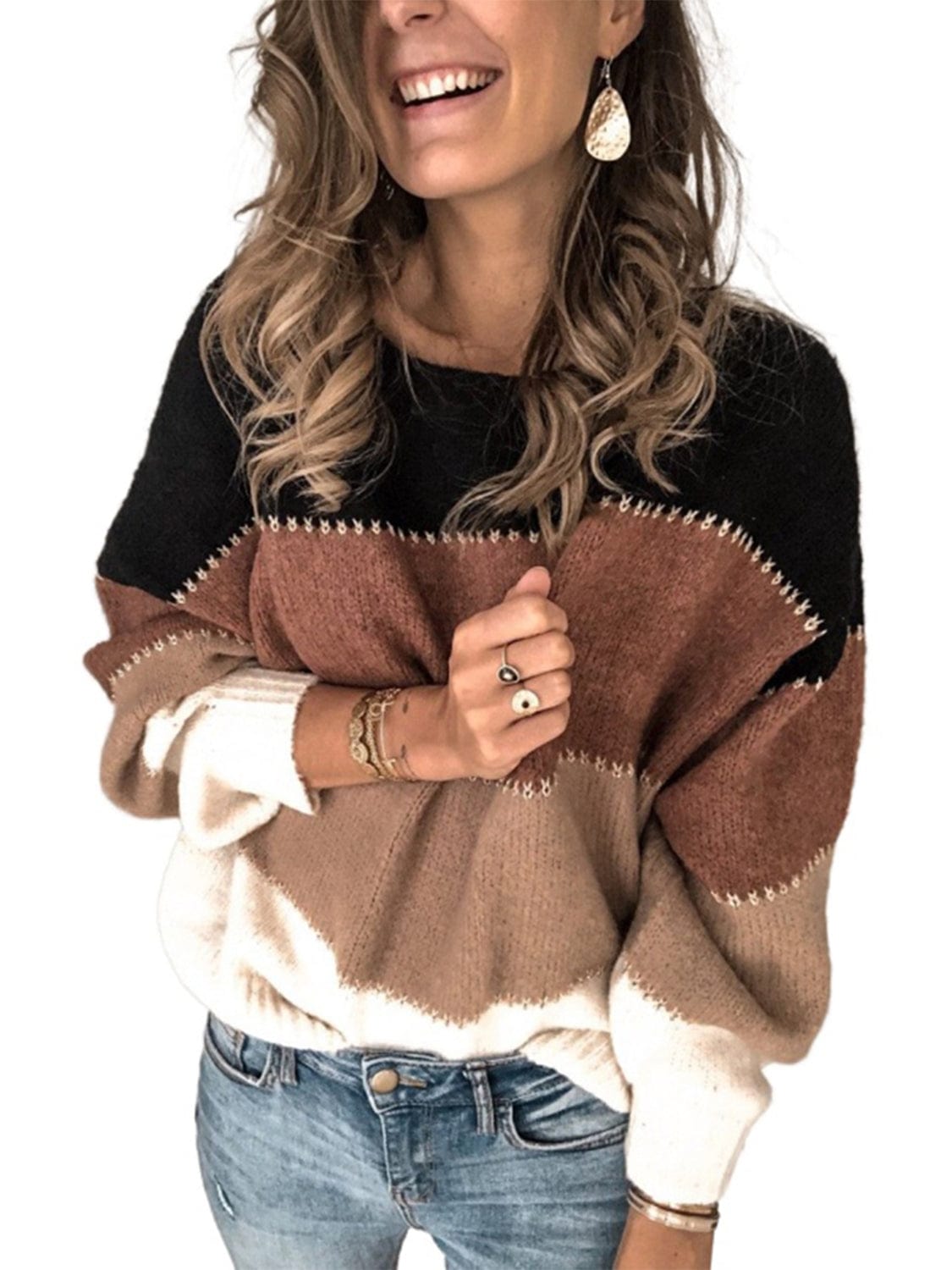 Dim Gray Color Block Round Neck Sweater