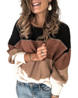 Dim Gray Color Block Round Neck Sweater Sentient Beauty Fashions Apparel & Accessories