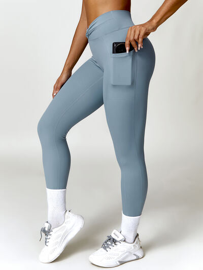 Light Gray Twisted High Waist Active Pants with Pockets Sentient Beauty Fashions Apparel &amp; Accessories