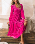 Maroon Frill V-Neck Balloon Sleeve Tiered Dress Sentient Beauty Fashions Apparel & Accessories