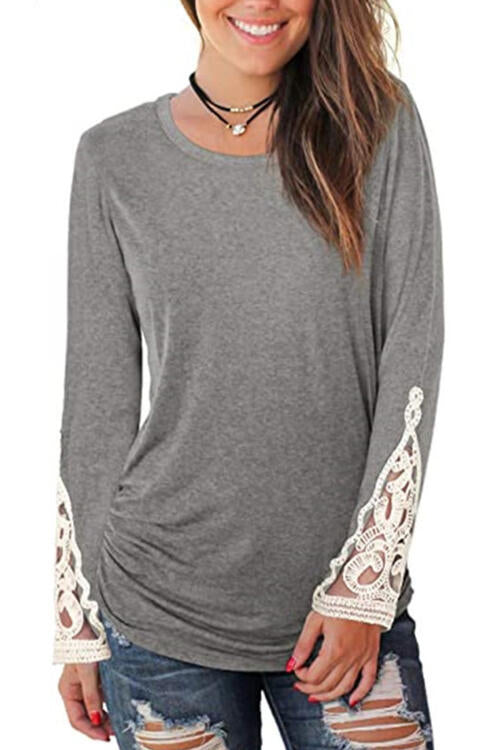 Dim Gray Lace Detail Long Sleeve Round Neck T-Shirt Sentient Beauty Fashions Apparel &amp; Accessories