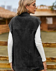 Dark Slate Gray Button Up Collared Neck Sleeveless Denim Jacket Sentient Beauty Fashions Apparel & Accessories