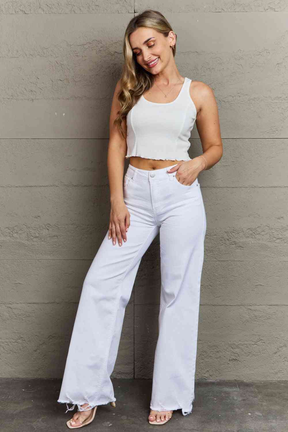 Light Slate Gray RISEN Raelene Full Size High Waist Wide Leg Jeans in White Sentient Beauty Fashions Apparel & Accessories