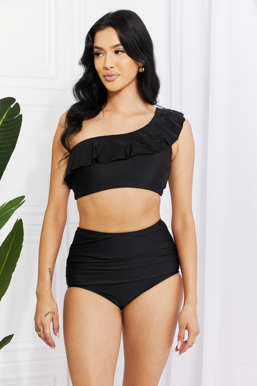 Black Marina West Swim Seaside Romance Ruffle One-Shoulder Bikini in Black