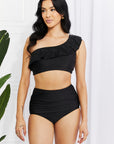 Black Marina West Swim Seaside Romance Ruffle One-Shoulder Bikini in Black Sentient Beauty Fashions Swimwear