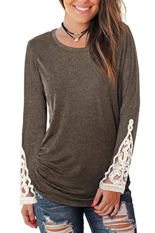 Dark Olive Green Lace Detail Long Sleeve Round Neck T-Shirt Sentient Beauty Fashions Apparel &amp; Accessories