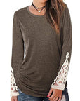 Dark Olive Green Lace Detail Long Sleeve Round Neck T-Shirt Sentient Beauty Fashions Apparel & Accessories