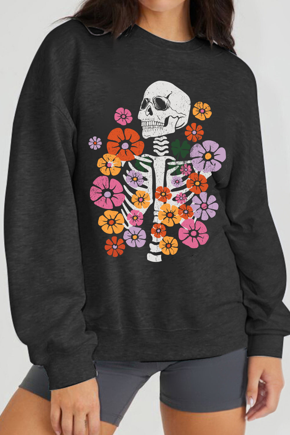 Gray Simply Love Simply Love Full Size Flower Skeleton Graphic Sweatshirt Sentient Beauty Fashions Apparel &amp; Accessories