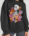 Gray Simply Love Simply Love Full Size Flower Skeleton Graphic Sweatshirt Sentient Beauty Fashions Apparel & Accessories