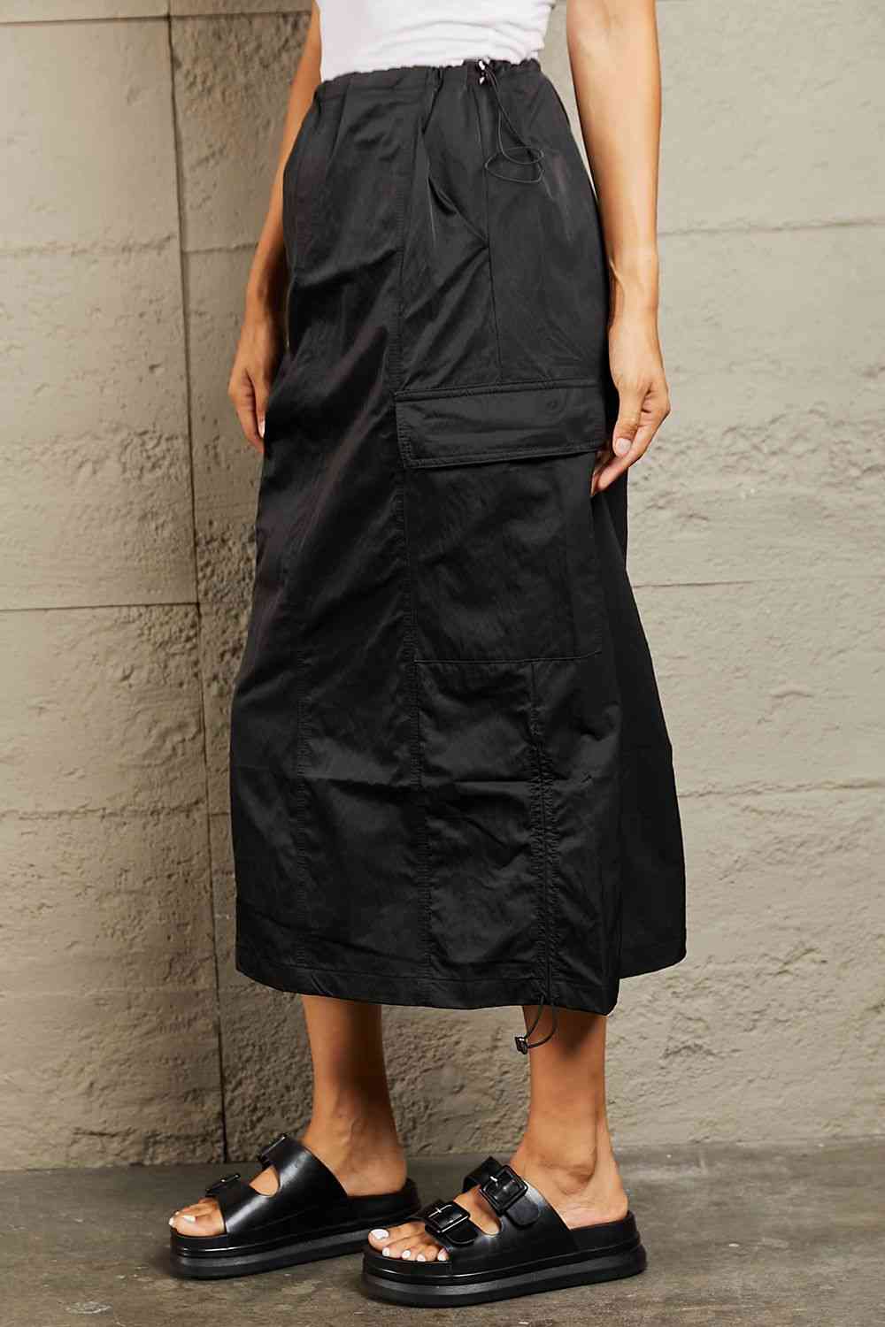 Rosy Brown HYFVE Just In Time High Waisted Cargo Midi Skirt in Black Sentient Beauty Fashions Apparel & Accessories