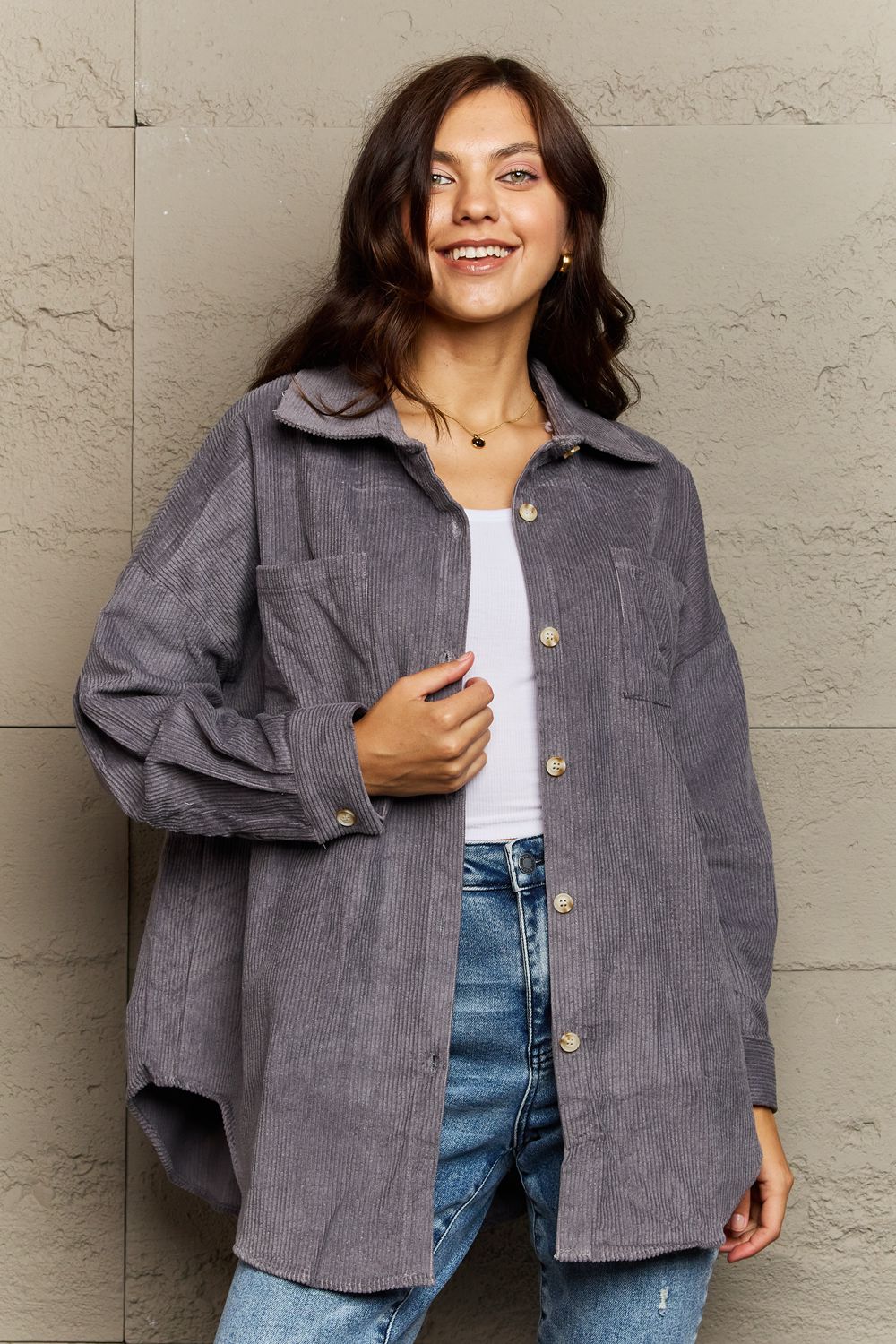 Light Slate Gray Ninexis Collared Neck Dropped Shoulder Button-Down Jacket Sentient Beauty Fashions Apparel &amp; Accessories
