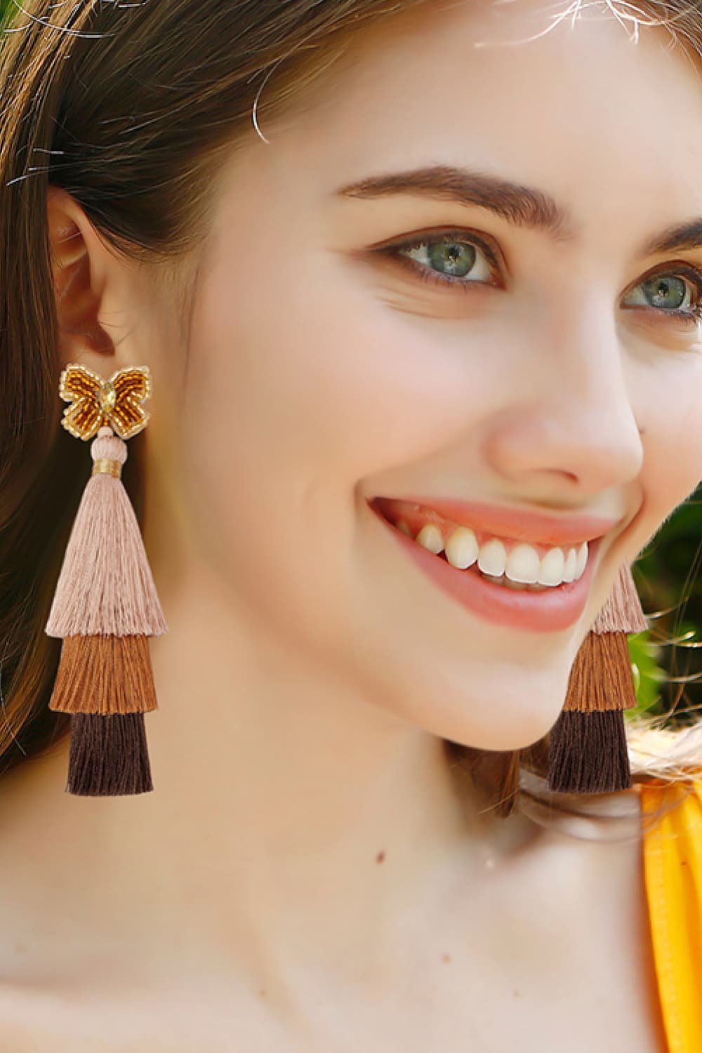 Tan Triple-Layer Tassel Dangle Earrings Sentient Beauty Fashions jewelry
