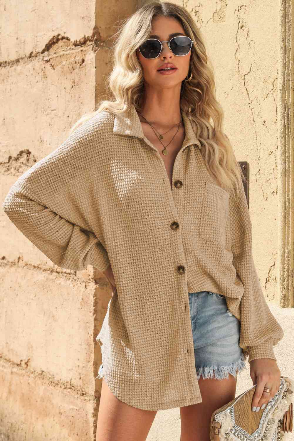 Tan Waffle-Knit Collared Neck Dropped Shoulder Shirt Sentient Beauty Fashions Apparel & Accessories