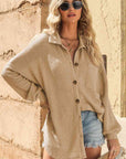 Tan Waffle-Knit Collared Neck Dropped Shoulder Shirt Sentient Beauty Fashions Apparel & Accessories