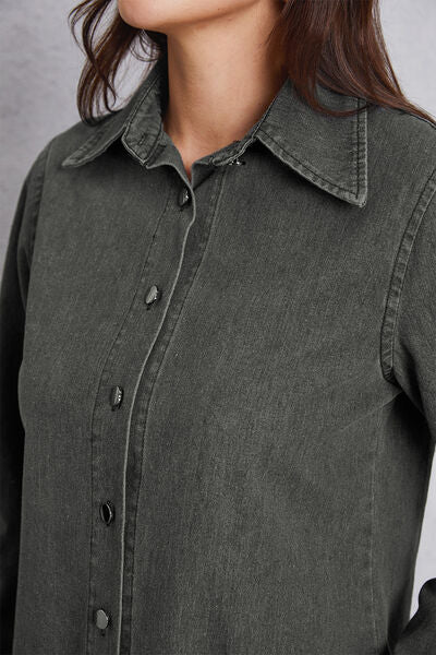 Dark Slate Gray Collared Neck Button Up Denim Top Sentient Beauty Fashions Apparel &amp; Accessories