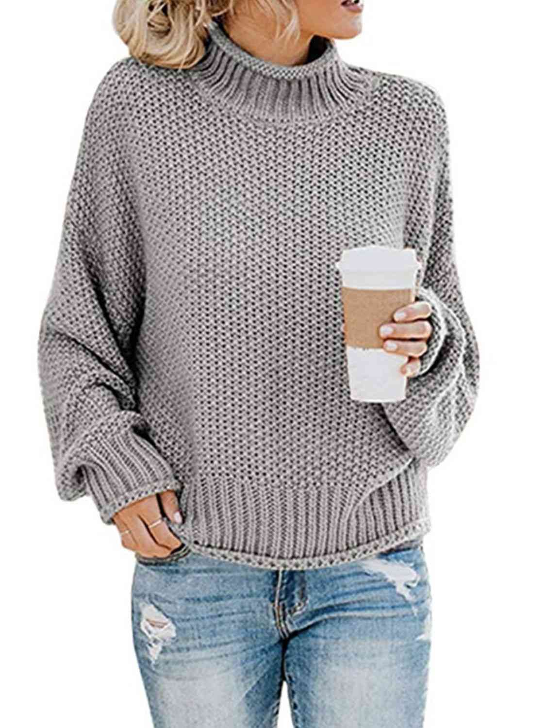 Dark Gray Turtleneck Dropped Shoulder Sweater