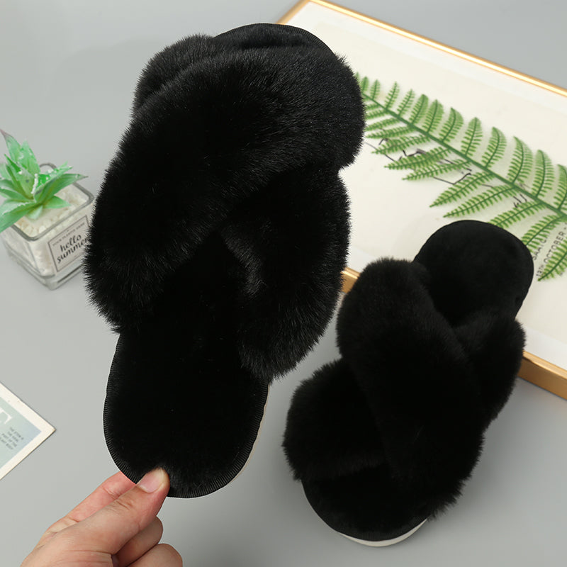 Dark Gray Faux Fur Crisscross Strap Slippers Sentient Beauty Fashions slippers