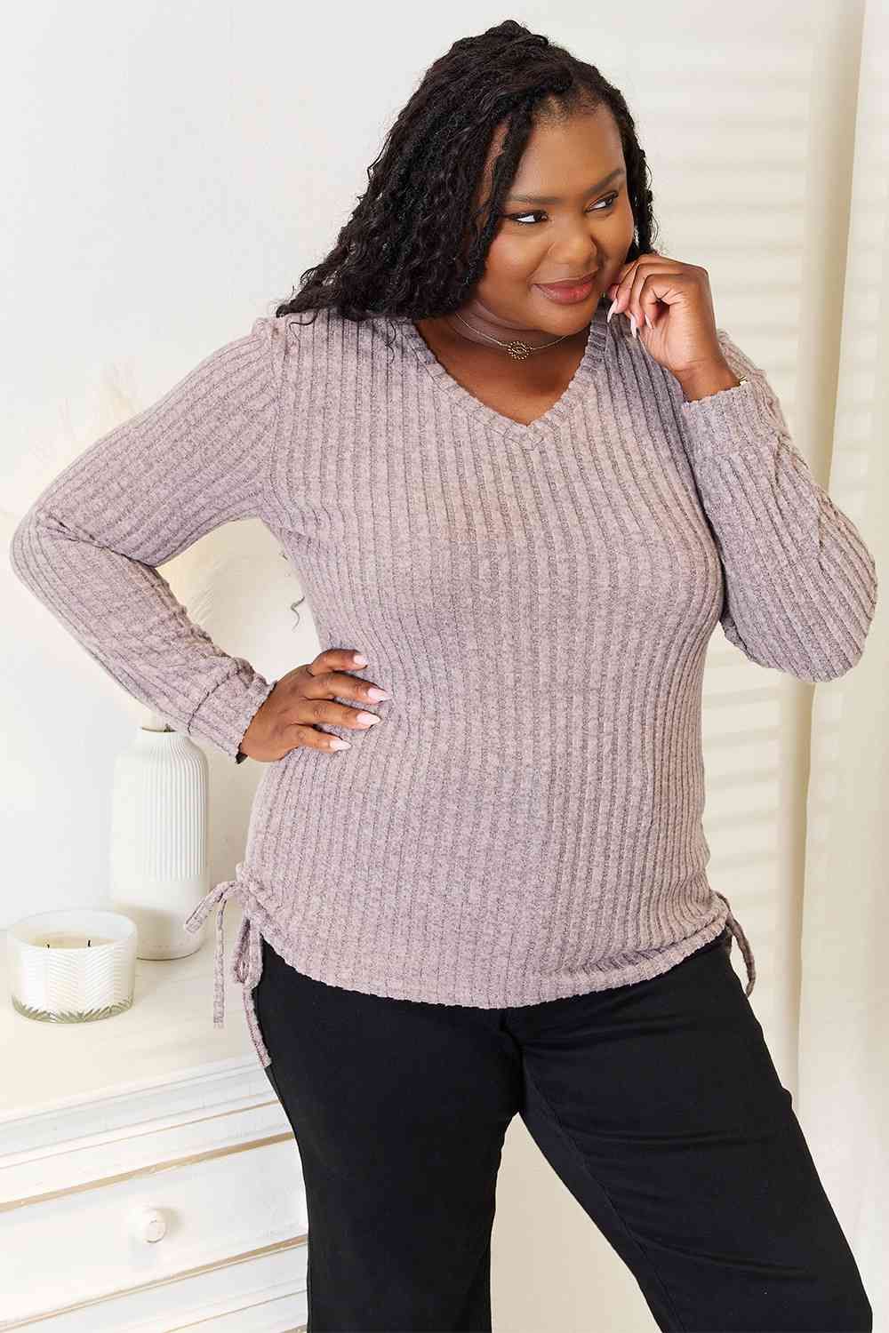 Light Gray Double Take Drawstring Ribbed Long Sleeve T-Shirt Sentient Beauty Fashions Apparel & Accessories