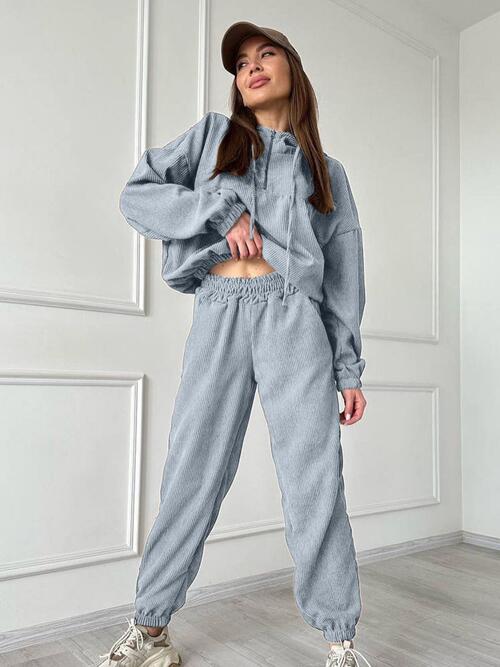 Gray Half Zip Drawstring Hoodie and Pants Set Sentient Beauty Fashions Apparel & Accessories