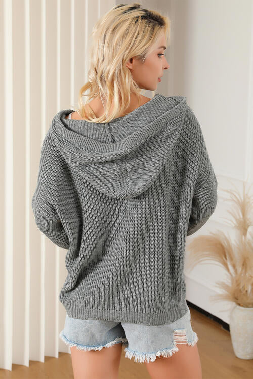 Gray Rivet Drawstring Hooded Long Sleeve Sweater