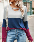 Gray Color Block Cutout Round Neck Long Sleeve T-Shirt Sentient Beauty Fashions Apparel & Accessories