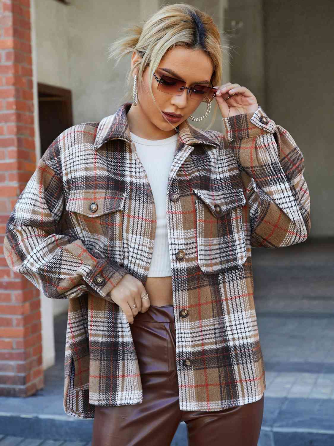 Dim Gray Plaid Collared Neck Button Down Jacket Sentient Beauty Fashions Apparel & Accessories