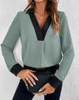 Gray Contrast Trim V-Neck Long Sleeve Blouse