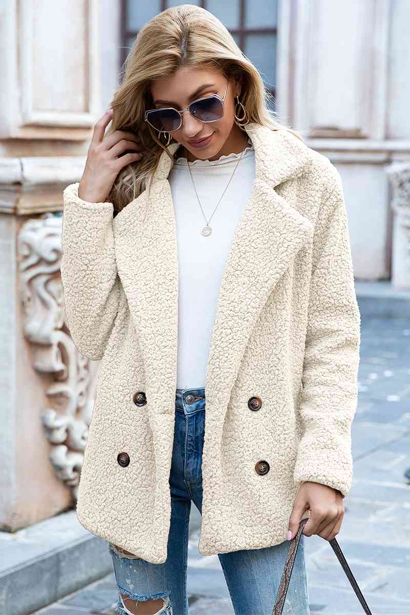 Light Gray Full Size Lapel Collar Sherpa Coat Sentient Beauty Fashions Apparel &amp; Accessories