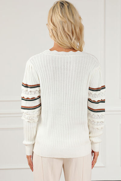 Light Gray Openwork Striped Round Neck Sweater Sentient Beauty Fashions Apparel &amp; Accessories