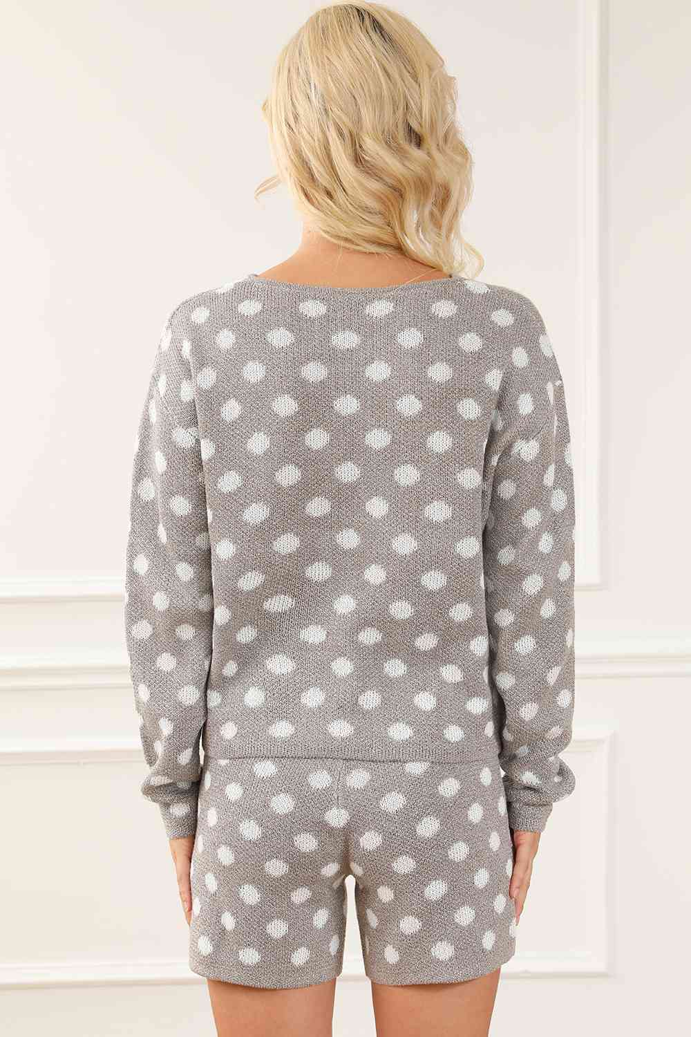 Light Gray Polka Dot Notched Neck Top and Shorts Set Sentient Beauty Fashions Sleepwear