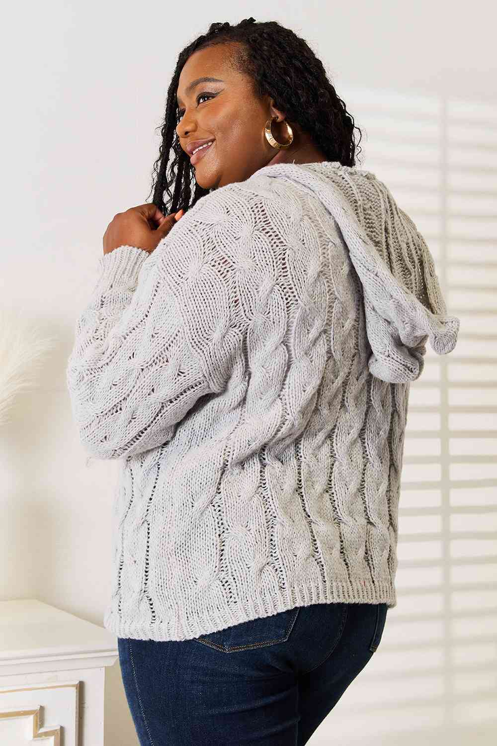 Light Gray Woven Right Cable-Knit Hooded Sweater Sentient Beauty Fashions Apparel &amp; Accessories