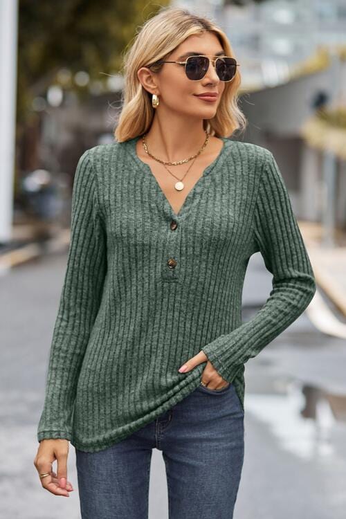 Dark Slate Gray Ribbed Half Button Long Sleeve Knit Top