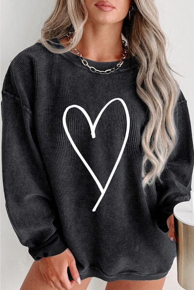 Gray Plus Size Heart Ribbed Round Neck Sweatshirt