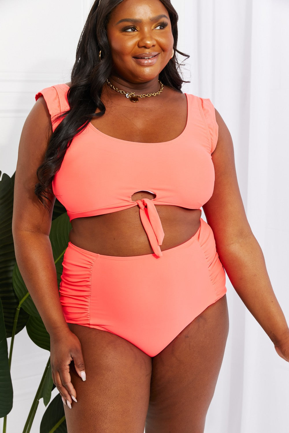 Pink Marina West Swim Sanibel Crop Swim Top and Ruched Bottoms Set in Coral Sentient Beauty Fashions Swimwear