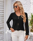 Gray Decorative Button Openwork V-Neck T-Shirt