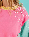 Light Coral BiBi Color Block Pearl Decor Cropped Sweater Sentient Beauty Fashions Apparel & Accessories