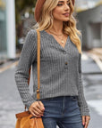 Dim Gray Ribbed Half Button Long Sleeve Knit Top