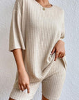 Gray Round Neck Ribbed Top and Shorts Lounge Set