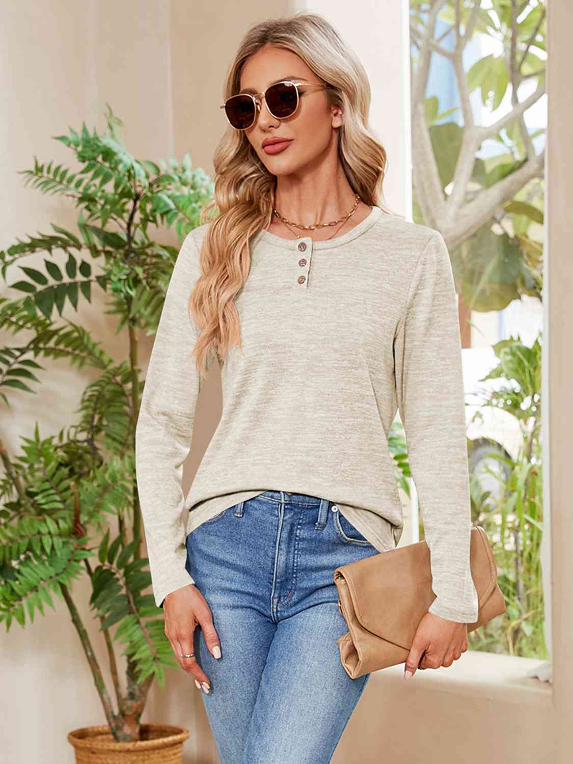 Gray Buttoned Round Neck  Long Sleeve T-Shirt