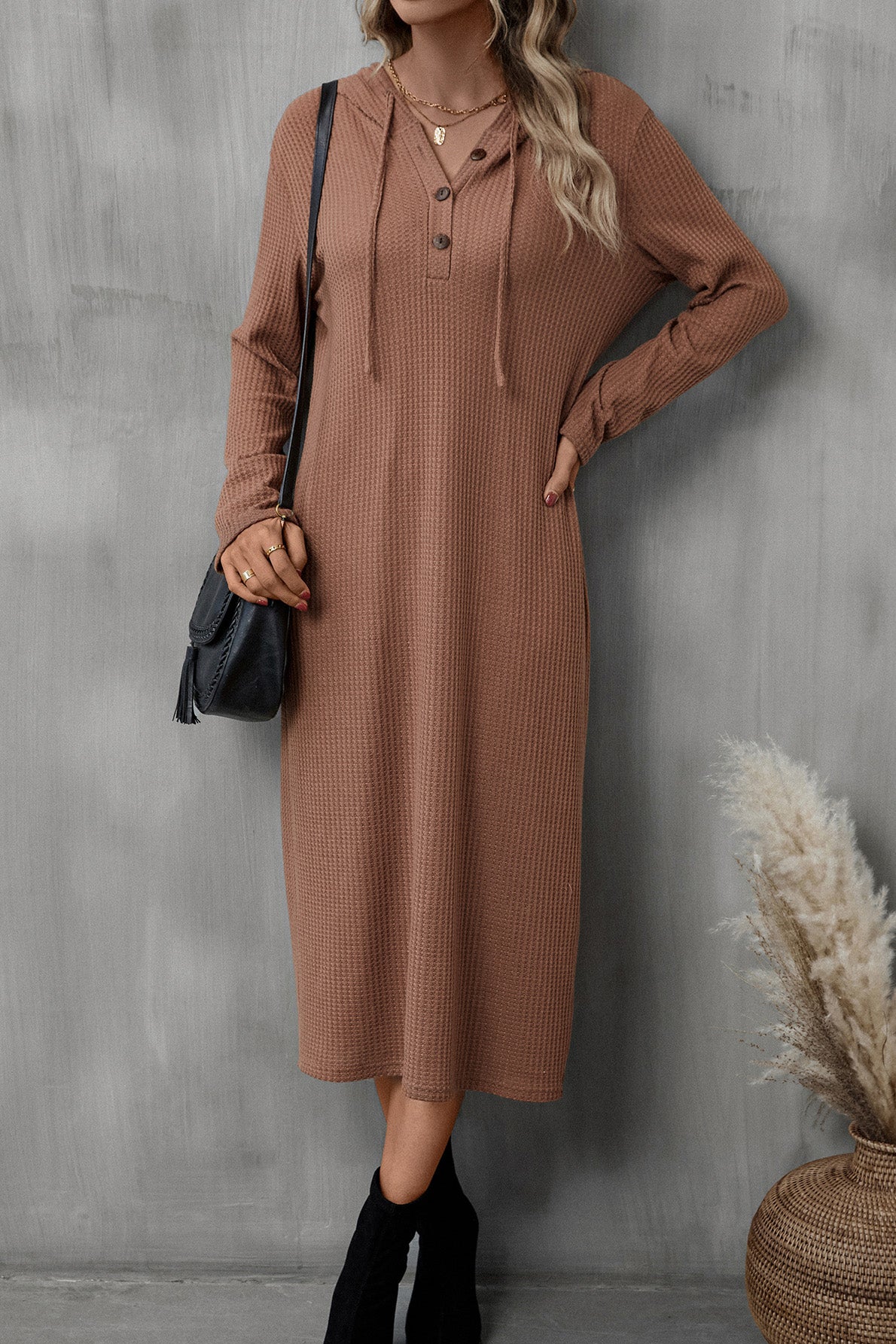 Buttoned Long Sleeve Hooded Dress