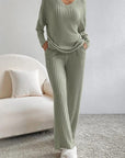 Gray Ribbed V-Neck Top and Pants Set Sentient Beauty Fashions Apparel & Accessories