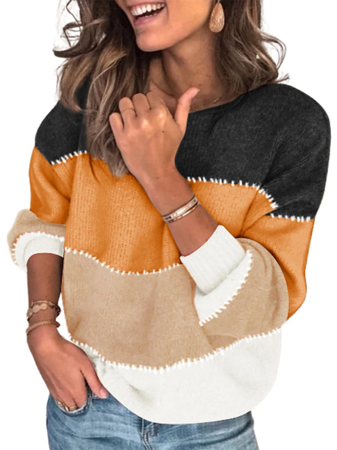 Rosy Brown Color Block Round Neck Sweater Sentient Beauty Fashions Apparel &amp; Accessories