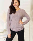 Light Gray Double Take Drawstring Ribbed Long Sleeve T-Shirt